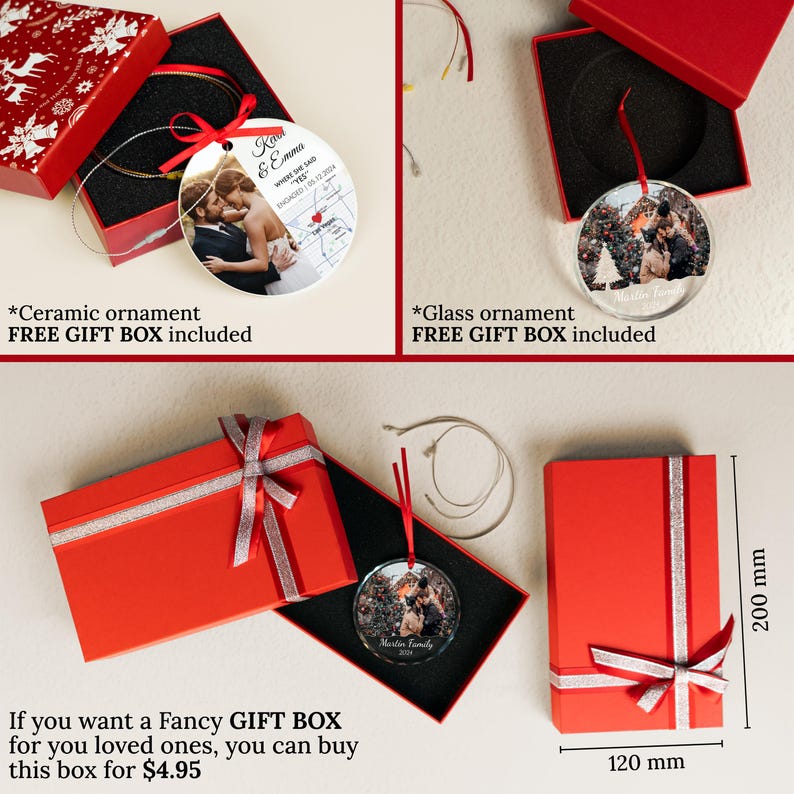 May include: A round ceramic ornament featuring a couple and a map, and a round glass ornament displaying a family photo, both presented in red gift boxes. The glass ornament box measures 200 mm by 120 mm, with red ribbons and silver trim.