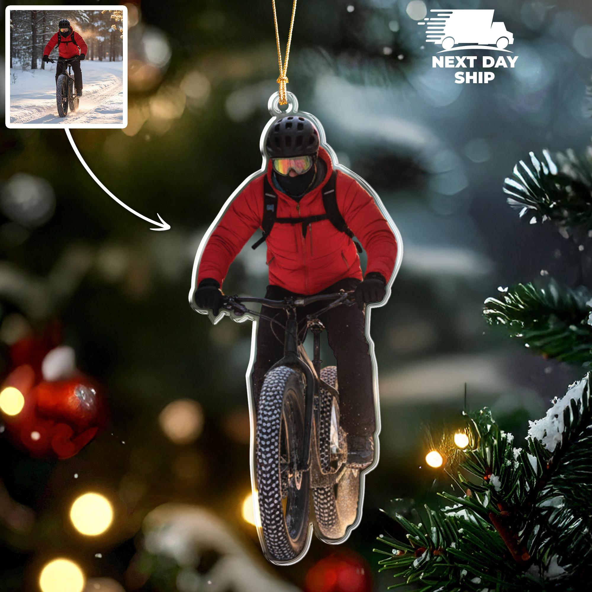 Custom Biker Ornament, Personalized Cycling Photo Gift, Mountain Bike Road Cyclist Keepsake, Wheeled Sports Christmas Ornament Acrylic