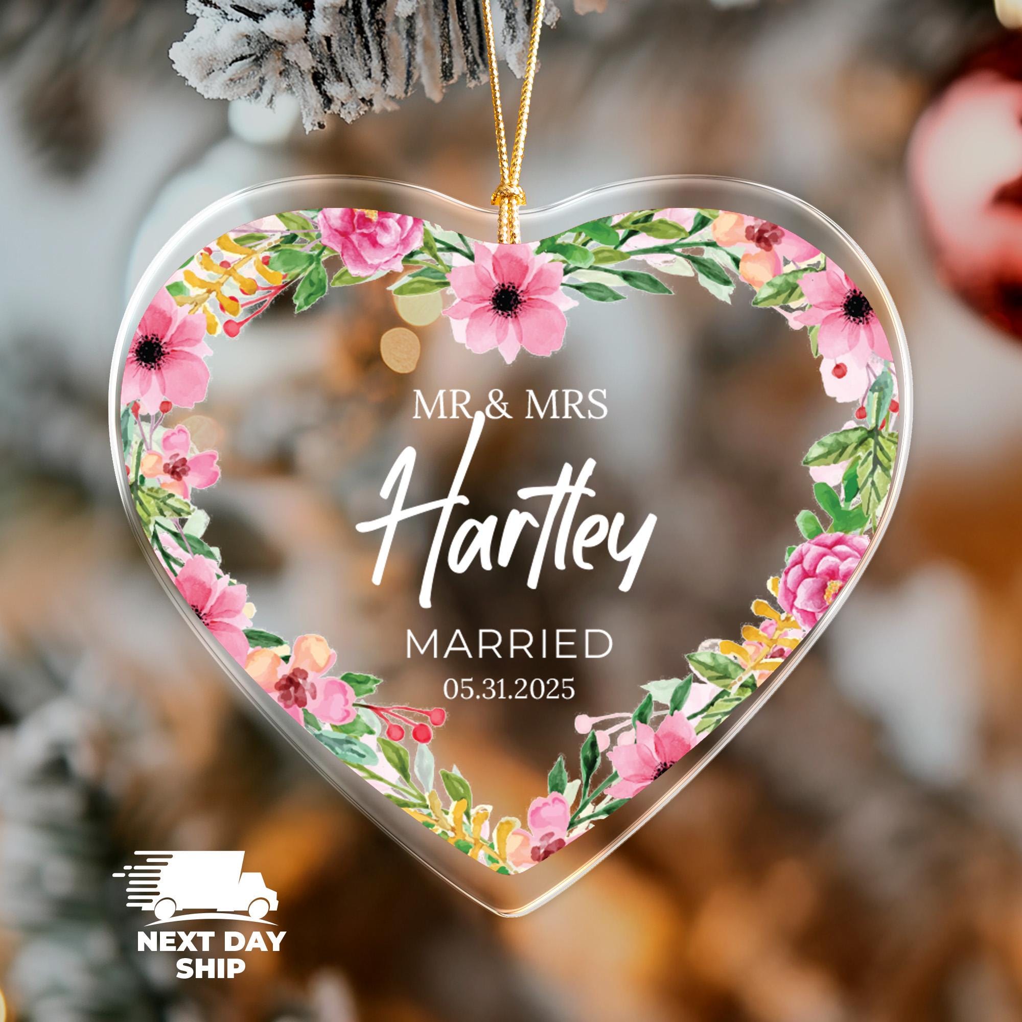 Personalized Wedding Ornament, Married Ornament, Mr Mrs Family Name Ornament, Newlywed Keepsake, Floral Heart Ornament Glass Ceramic Acrylic