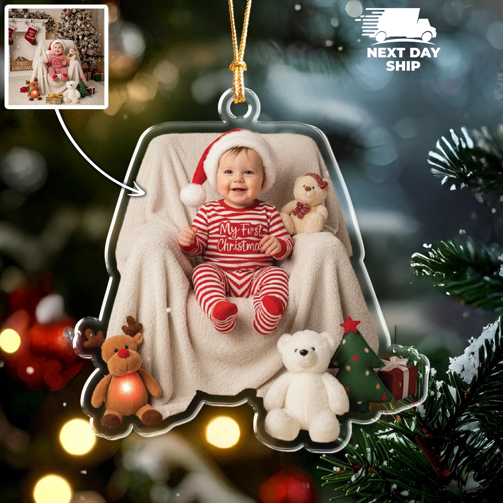 Cute Baby Christmas Photo Ornament, Personalized Newborn Keepsake, Acrylic Cutout Ornament, Baby's First Christmas Decor, 2D Flat Ornament