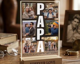Personalized Best Dad Ever Acrylic Plaque, Custom Photo Collage Gift for Dad, LED Acrylic Father’s Day Gift from Kids, Papa Picture Frame