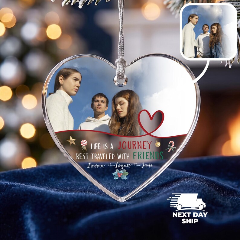 Best Friends Photo Ornament, Friends Travel Keepsake, Christmas 2025 with Besties, Friend Group Gift, Friendship Token Ornament Acrylic Heart