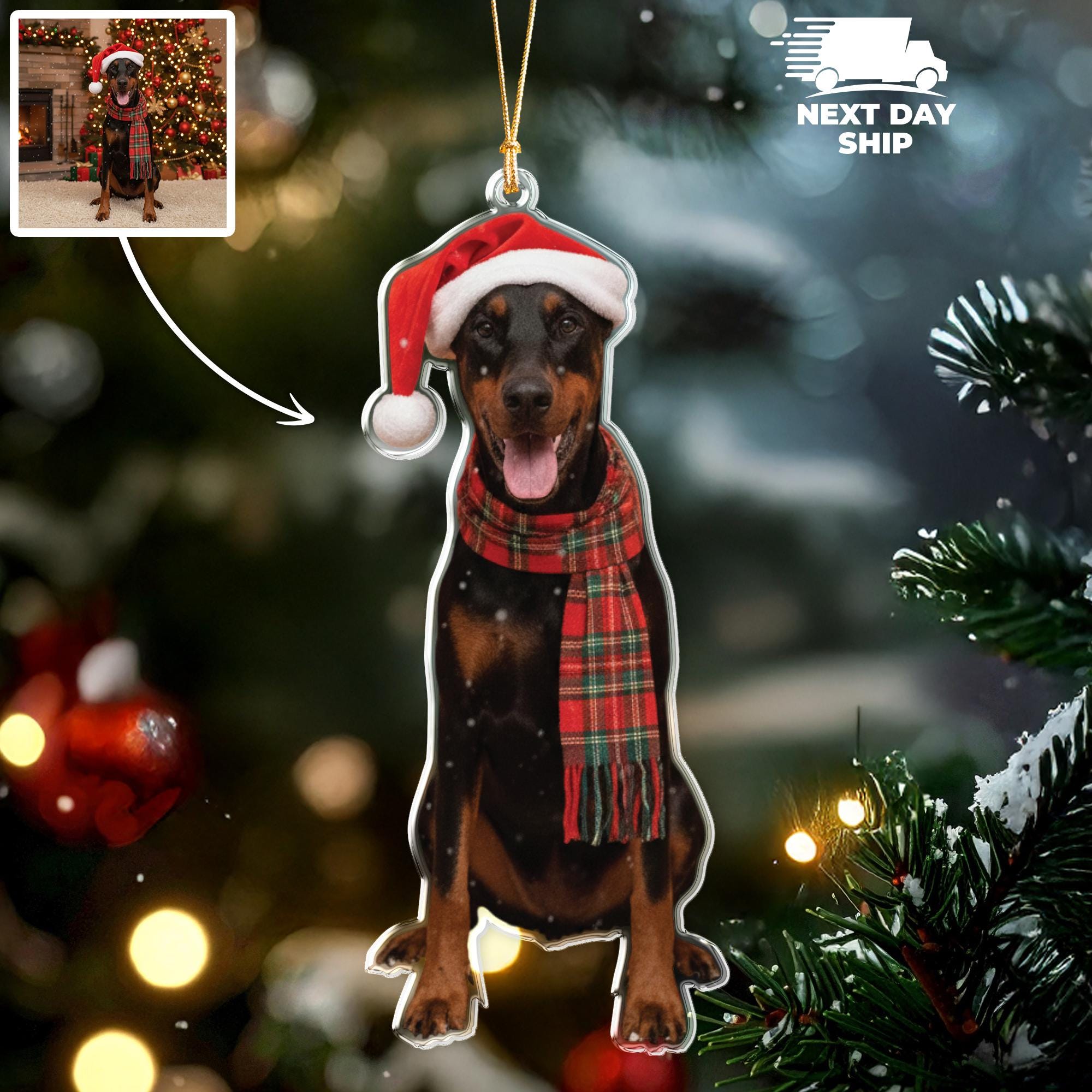 Personalized Pet Photo Ornament, Custom Santa Hat Dog Ornament, Acrylic Cat Keepsake, Pet Owner Christmas Decor, Funny Pet Picture Gift