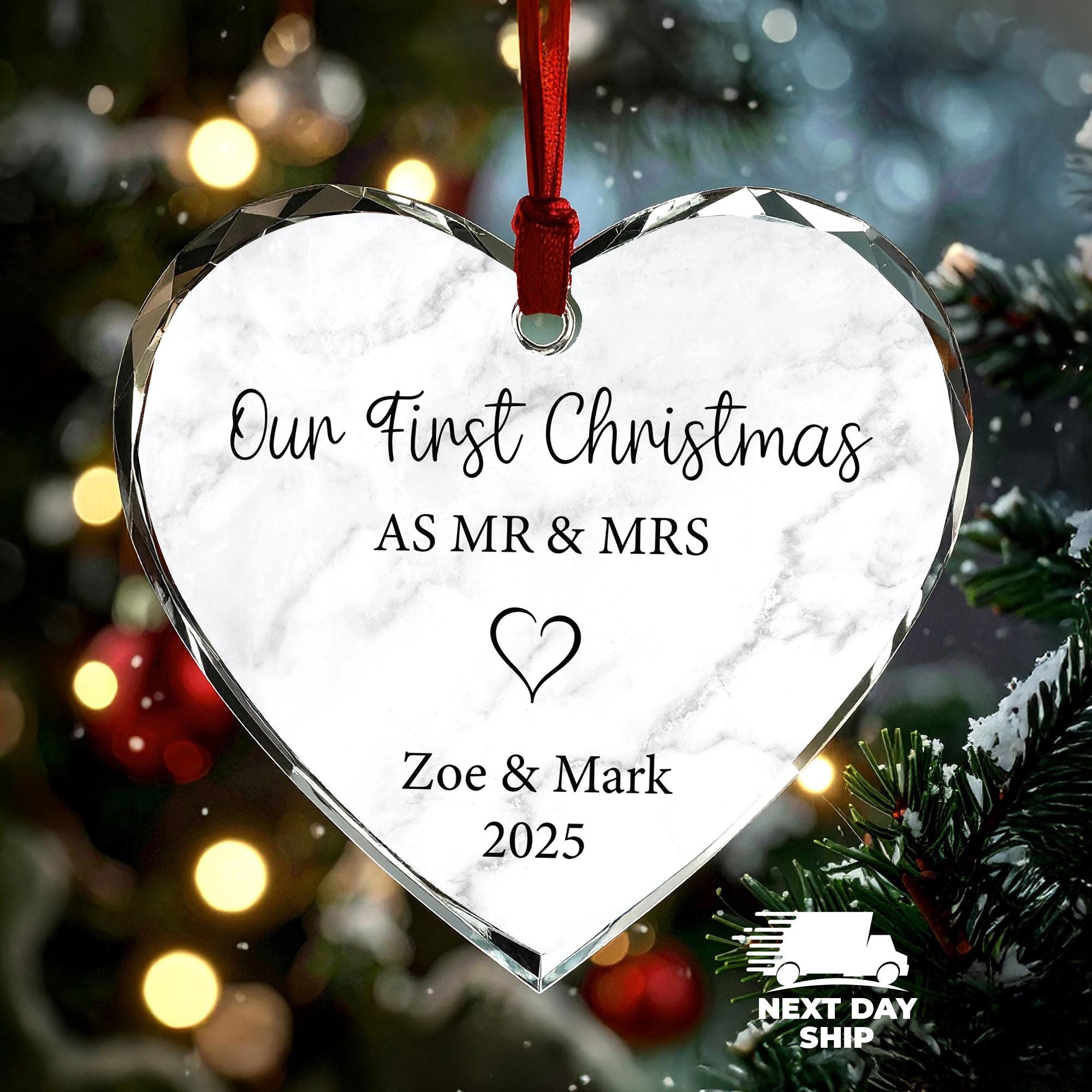 Personalized Mr & Mrs Ornament: First Christmas Married, Heart Keepsake