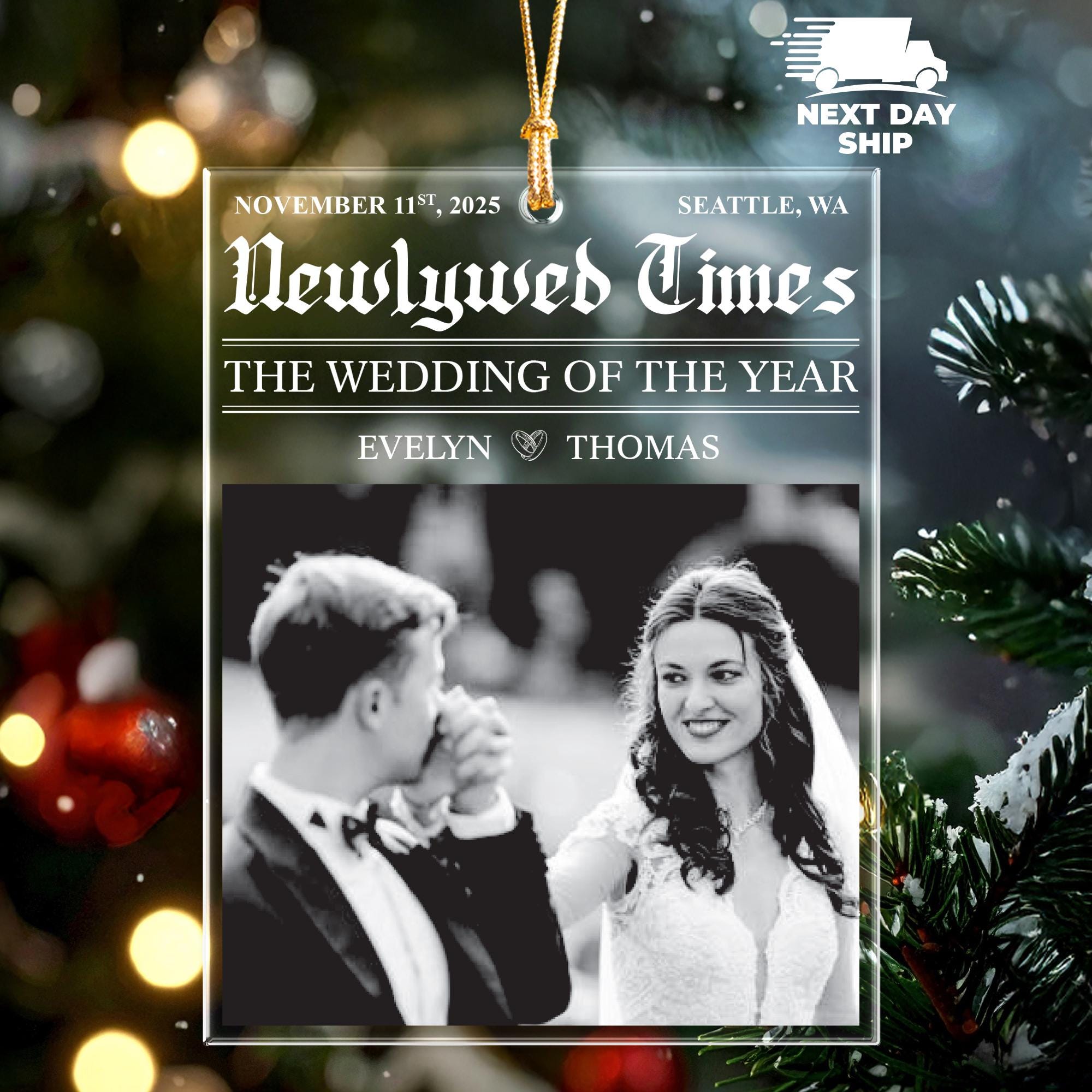 Personalized Wedding Acrylic Ornament, Newlywed Time Newspaper Style Ornament, Custom Photo Wedding Gift, First Christmas Married Keepsake