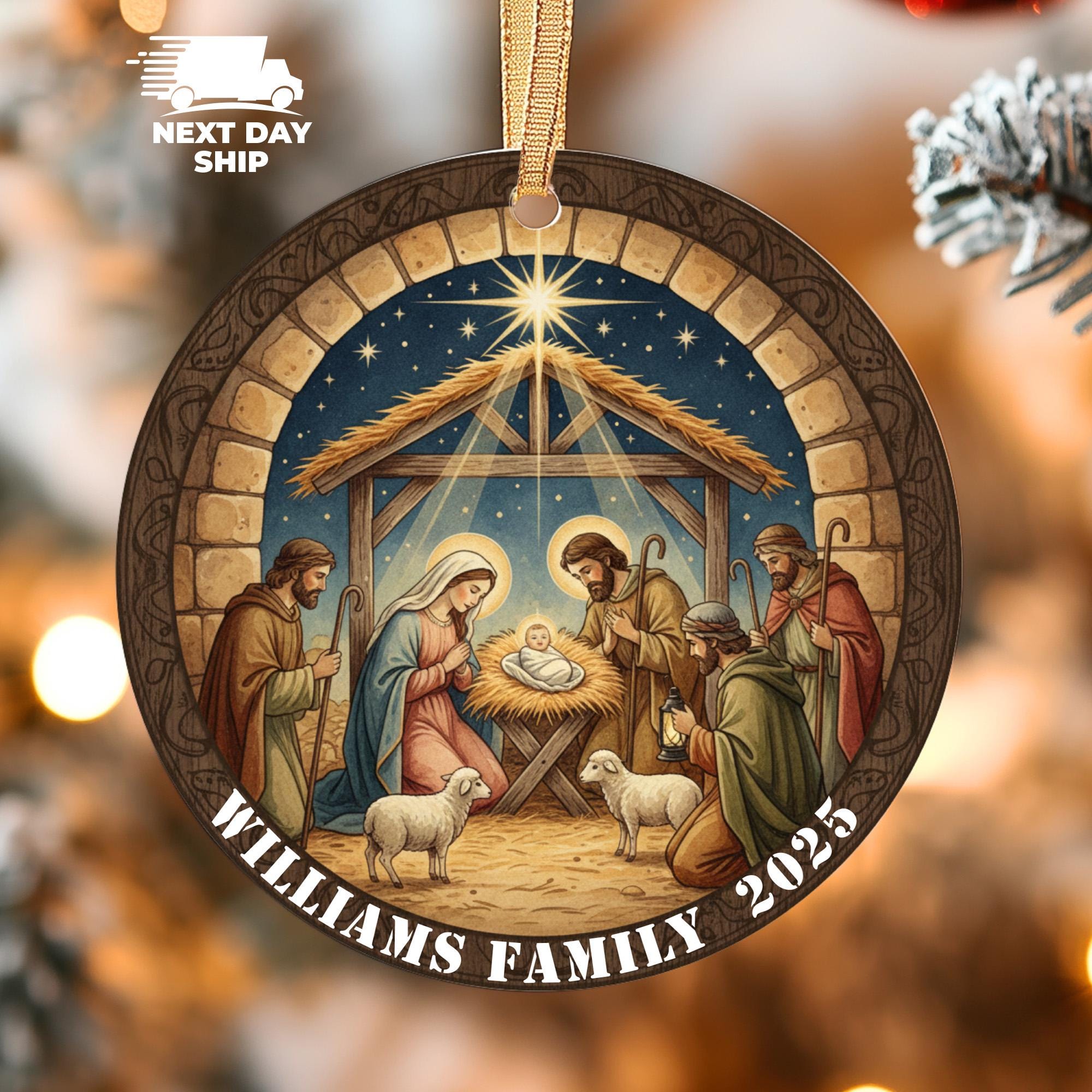 Personalized Nativity Scene Christmas Ornament, Holy Family Acrylic Ceramic Glass Ornament, Religious Christmas Gift, Custom Family Name