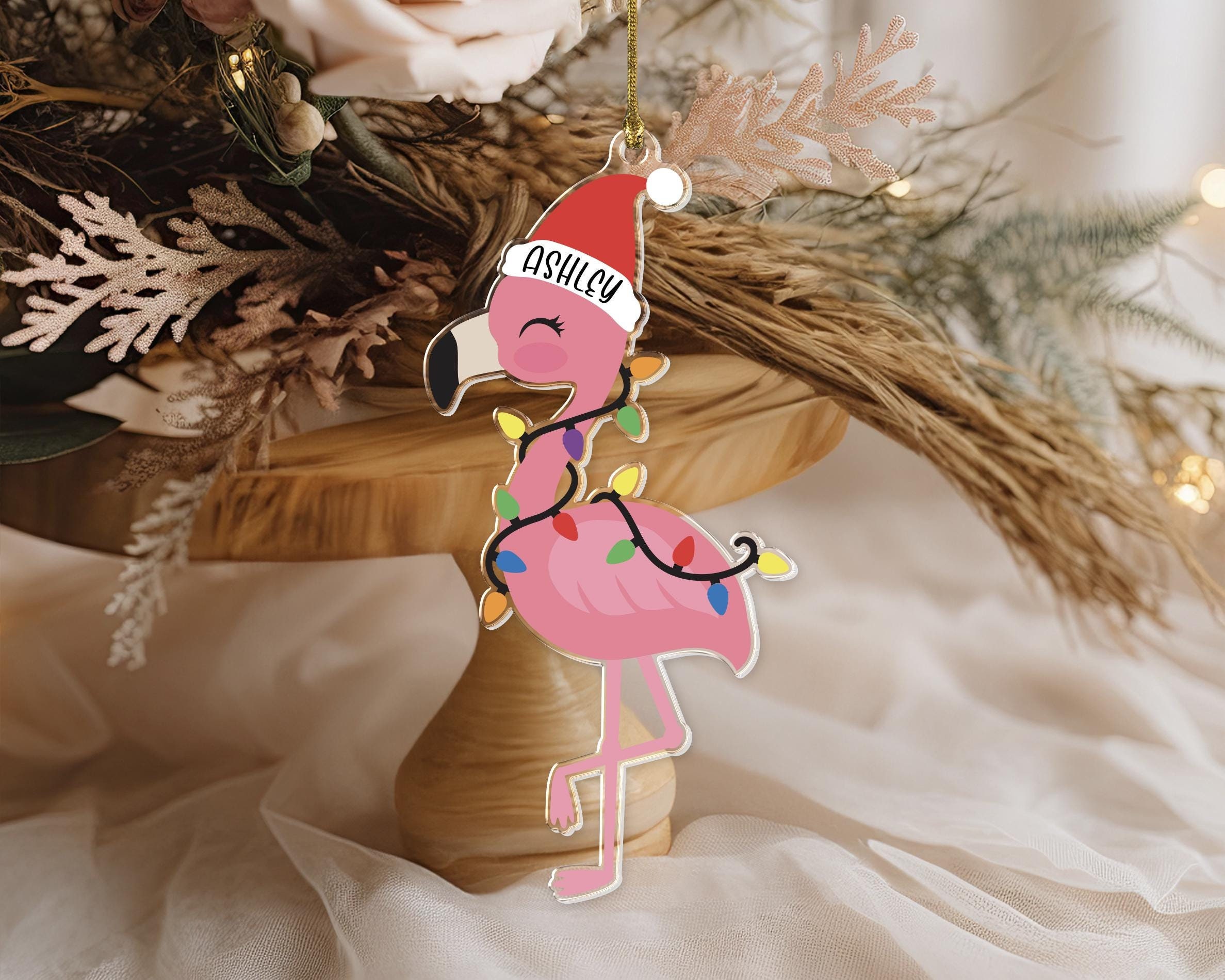 Funny Christmas Flamingo Ornament, Personalized Acrylic Name Ornament, Cute Flamingo Ornament, Holiday Flamingo Lover Gifts, Pink Flamingo