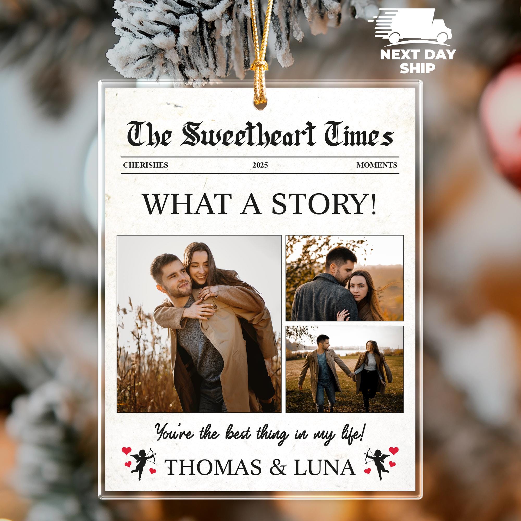 Personalized Couple Acrylic Ornament, Sweetheart Times Decor, Newspaper Style Photo Ornament, Custom Love Story Keepsake, Valentine Ornament