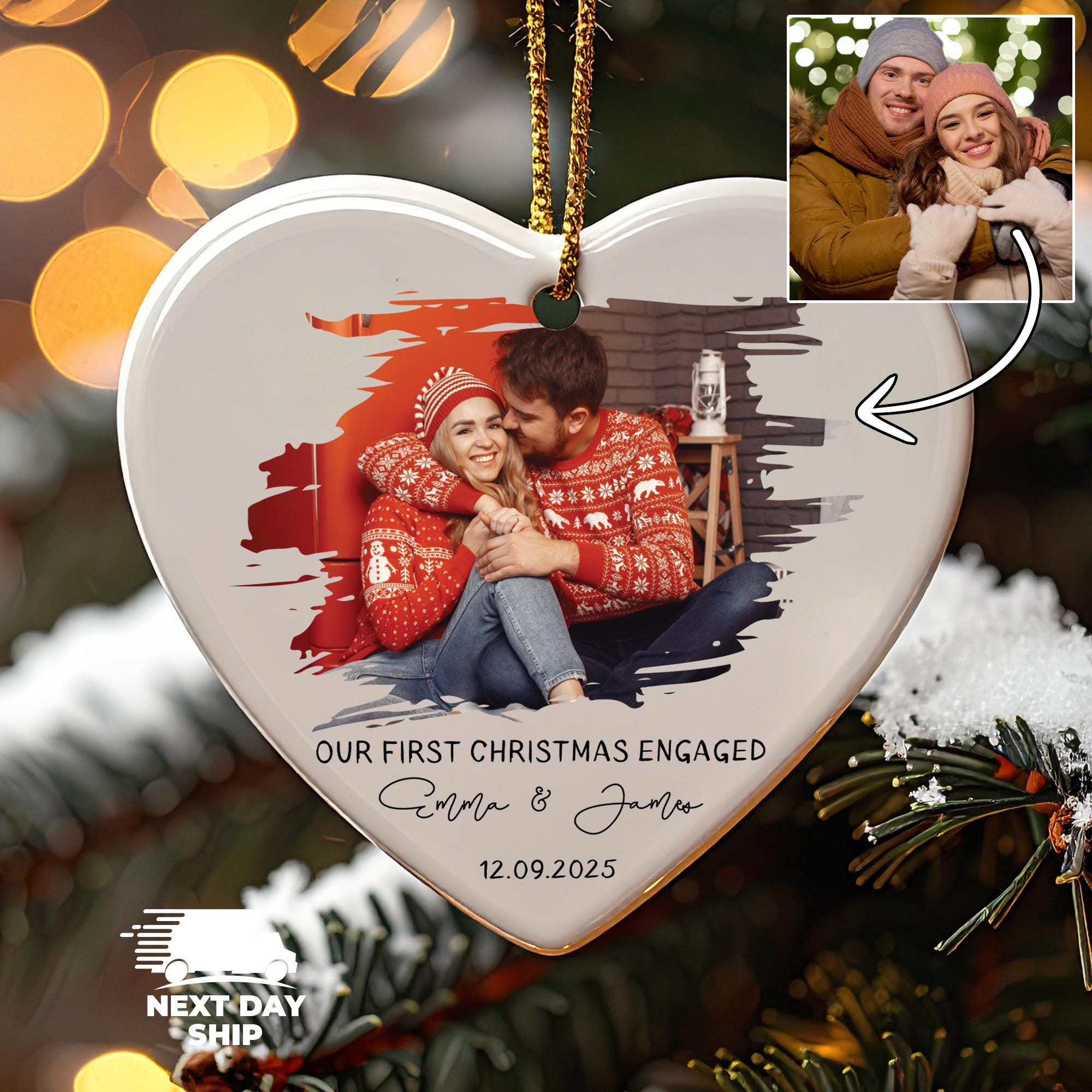 First Christmas Engaged Couple Ornament, Personalized Engagement Ornament with Photo, Custom Couple Keepsake, Engagement Gift for Couples