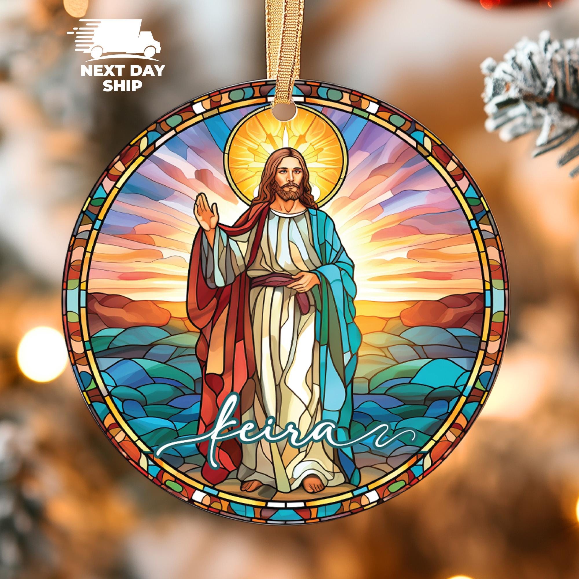 Personalized Christian Christmas Ornament, Stained Glass Style Jesus Keepsake, Religious Name Ornaments, Christmas Gifts, Church Ornament