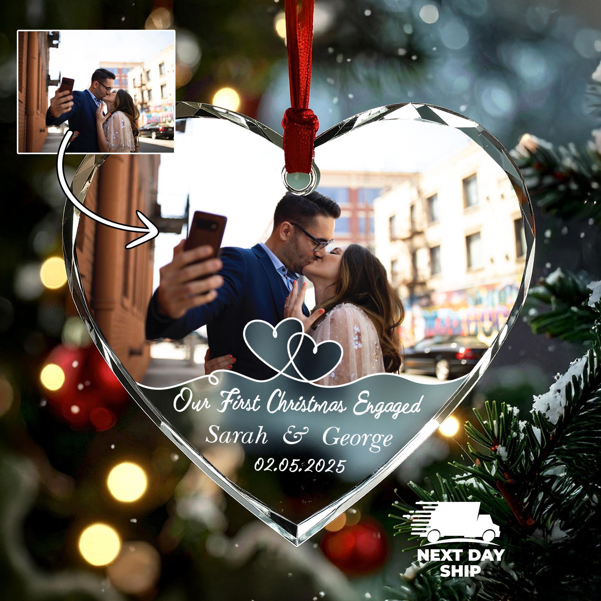 Our First Christmas Engaged Ornament, Engagement Photo Ornament, Personalized Ring Proposal Picture Keepsake, Couple Name and Date Ornament