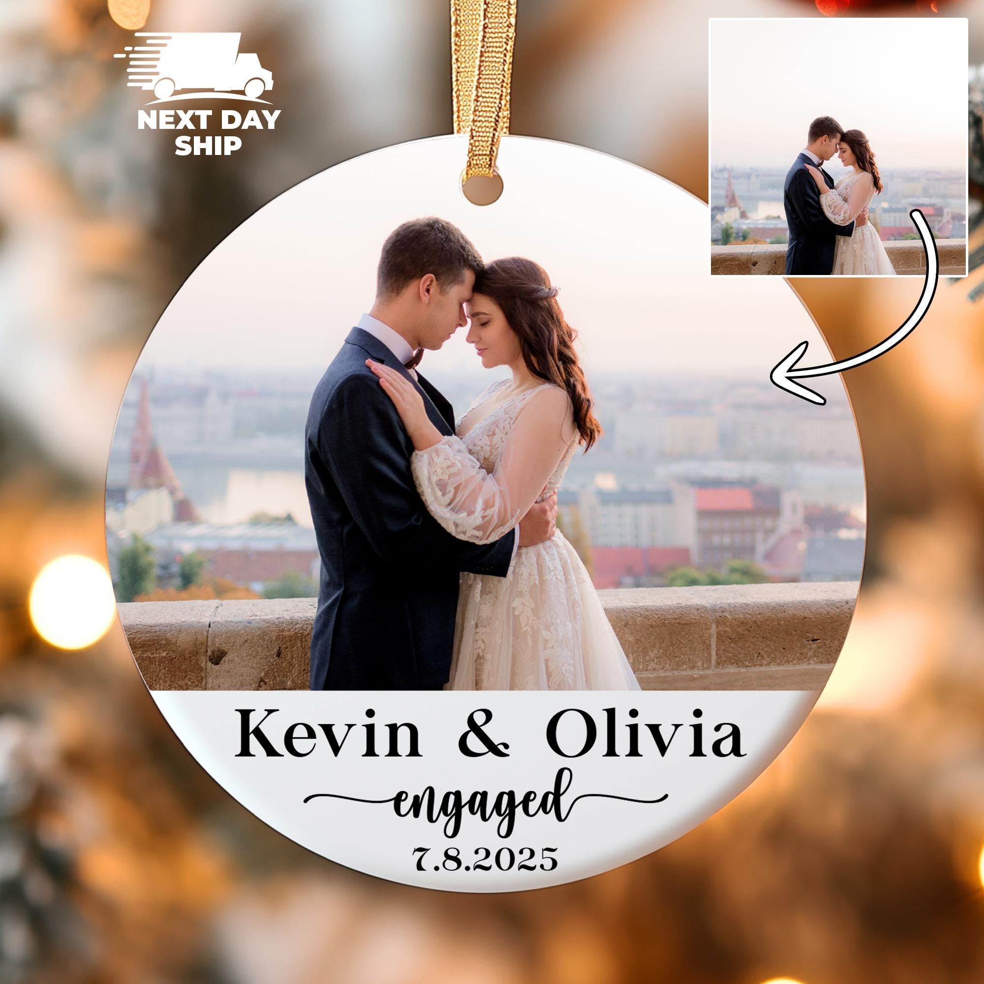 Personalized Engaged Ornament, Photo Ornament, Custom Wedding Date Ornament, Name Ornament, Mr Mrs Ornament, Glass Acrylic Ceramic Ornament