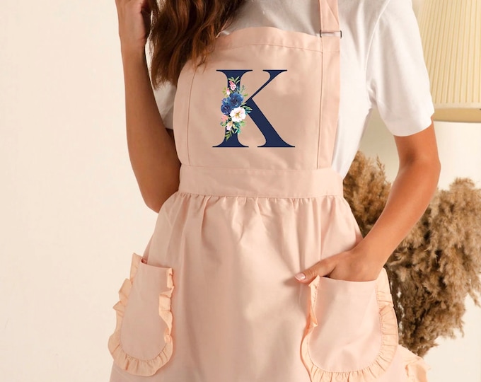 Personalized Initial Apron, Custom Letter Monogram Apron, Gift For Her, Gift For Mom, Ruffled Apron, Aprons For Women, Cute Kitchen Apron