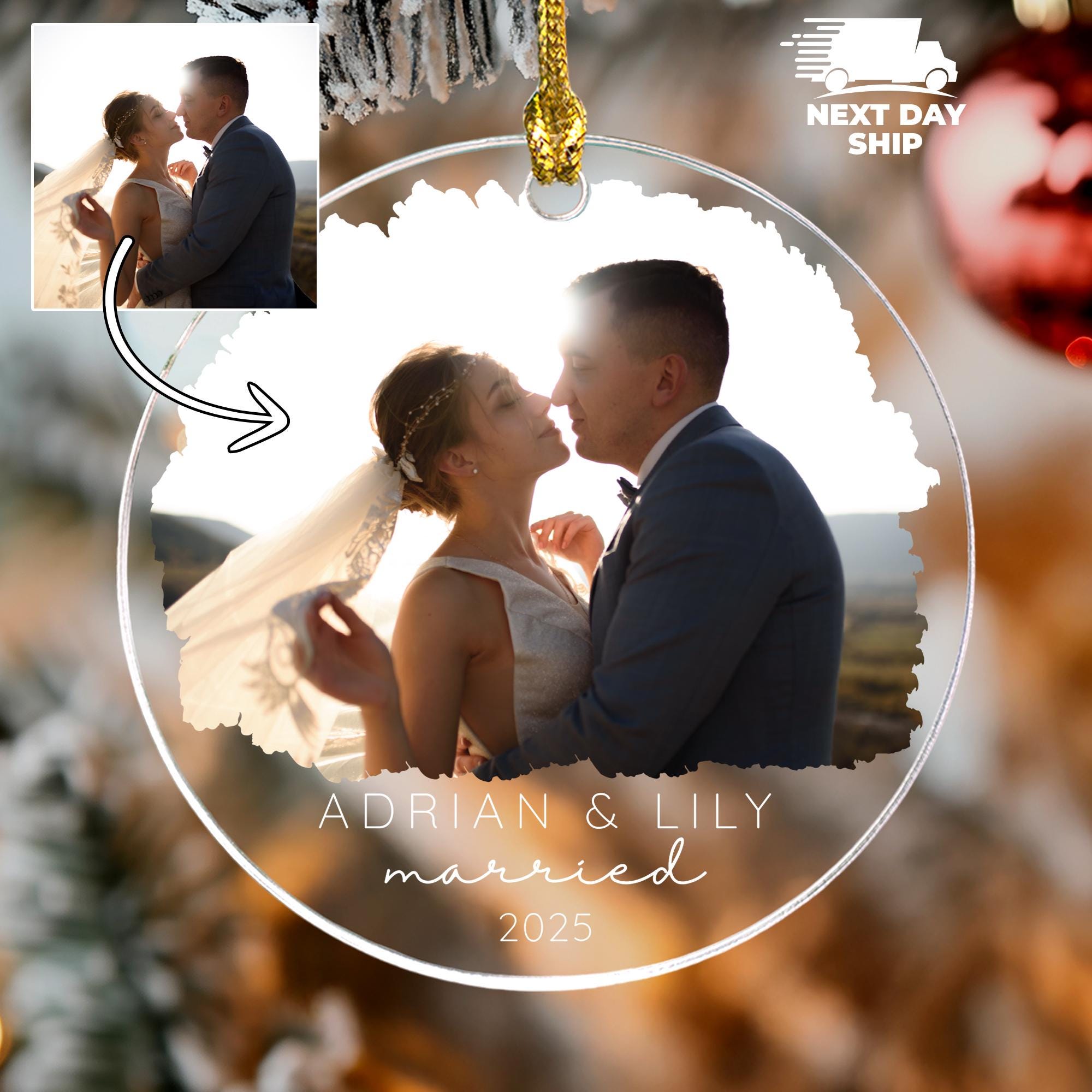 Wedding Photo Ornament, Personalized Christmas Keepsake for Couples, Custom Married Ornament, Bride and Groom Gift, Just Married Keepsake