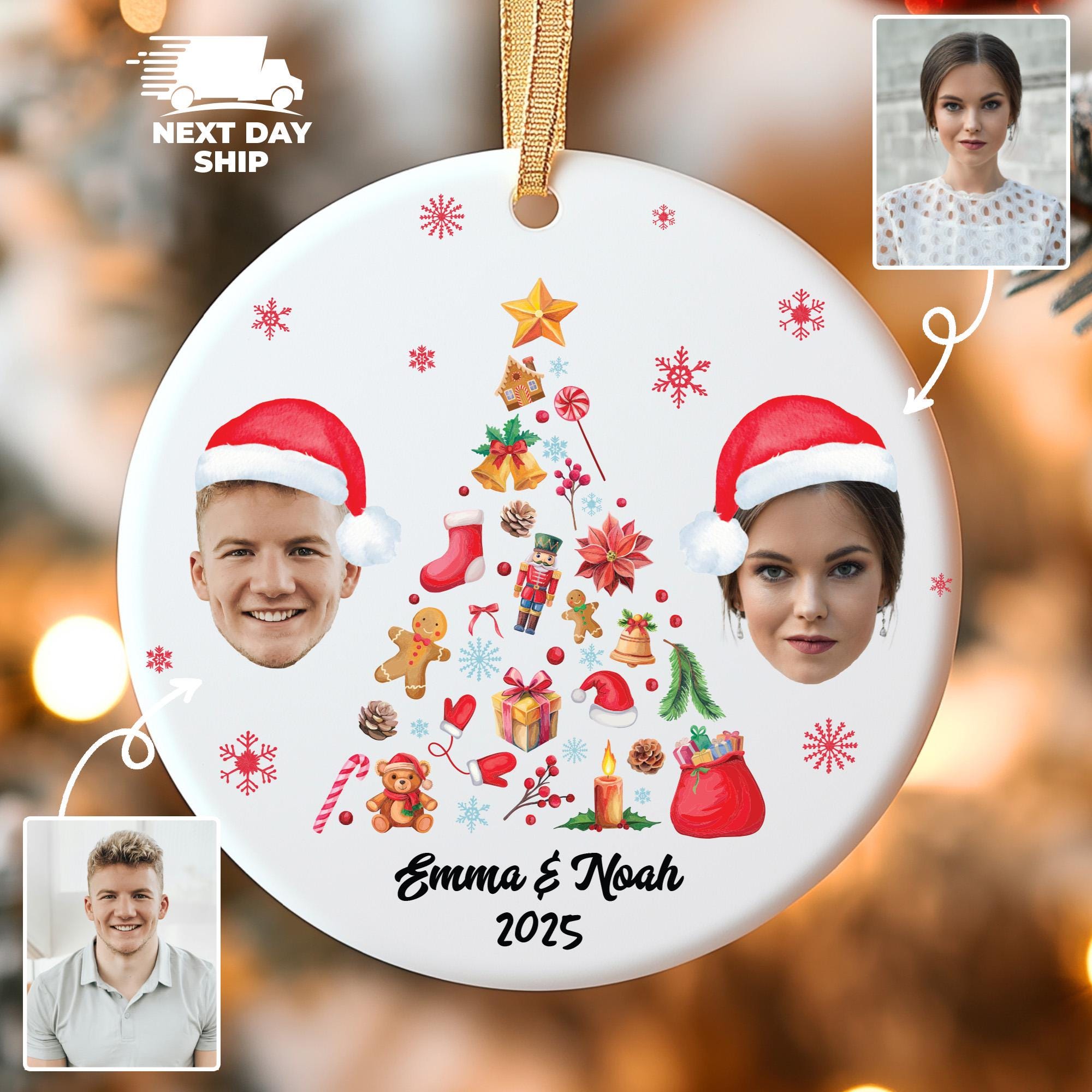 Personalized Couple Photo Christmas Ornament, Face Cutout Decor