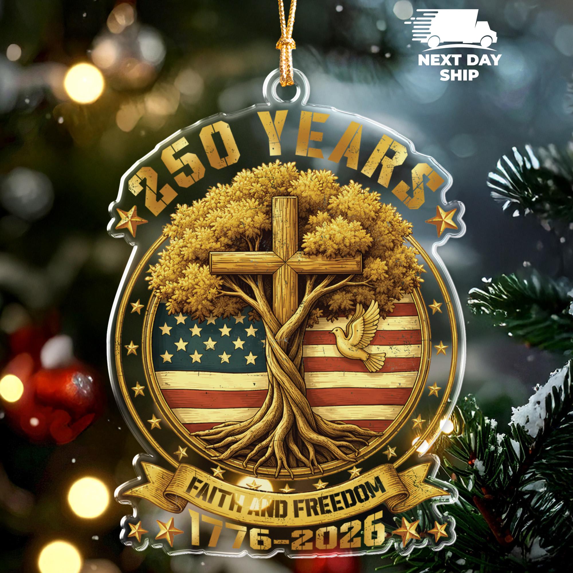 250 Years Faith and Freedom Keepsake, 250th Anniversary Ornament, Patriotic Car Hanger, 1776–2026 Christian Cross and Tree American Flag