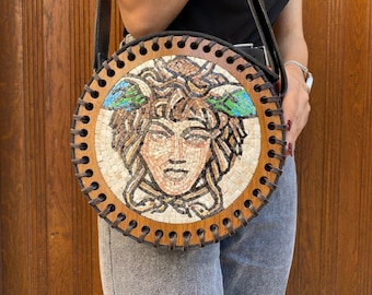 Medusa Portrait Bag, Mosaic Embroidered Leather Shoulder Bag