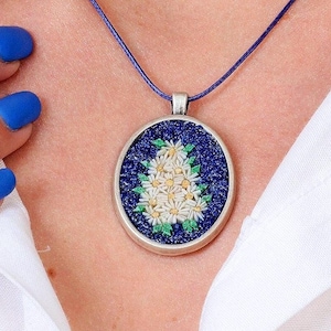 Daisy Garden Micro Mosaic Necklace, Handmade Floral Jewelry, Wooden Gift Box