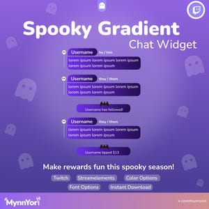 Op de afbeelding: Een paarse gradiëntafbeelding met de tekst "Spooky Gradient Chat Widget". Het ontwerp bevat spookillustraties en chatbubbels met gebruikersnamen en voorbeeldtekst. Extra tekst promoot beloningen voor het spookseizoen.