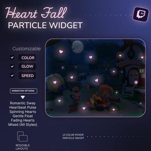 Peut inclure: Graphique numérique avec le texte "Heart Fall PARTICLE WIDGET". L'image présente une scène nocturne avec des cœurs roses animés, un feu de camp et des personnages de dessins animés. Personnalisable : couleur, lueur et vitesse.