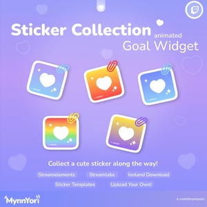 Può includere: Immagine promozionale per una collezione di adesivi con cinque adesivi quadrati con un design a cuore. Ogni adesivo ha una diversa combinazione di colori sfumati ed è attaccato con una graffetta. Il testo include "Sticker Collection" e "animated Goal Widget".