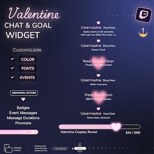 Twitch ピンクのチャット＆ゴールウィジェット：バレンタイングロー、カスタマイズ可能（デジタルダウンロード）