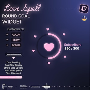 Könnte beinhalten: Digitalgrafik mit dem Text "Love Spell" und "Round Goal Widget". Das Design zeigt ein rosa Herz, einen Fortschrittsbalken und den Text "Subscribers 150 / 300". Zusätzliche Optionen sind Farbe, Leuchten und Ereignisse.