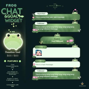 May include: A green and white Frog Chat & Goal Widget design for streaming, featuring a frog character, chat bubbles, and text. The widget includes a donation goal of £79, and features for StreamElements and Streamlabs.