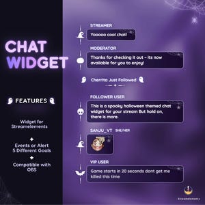 Op de afbeelding: Een paarse afbeelding die een chatwidget voor streaming promoot. De widget bevat Halloween-thema chat-elementen, waaronder streamer-, moderator- en volgersmeldingen. Het is compatibel met OBS en biedt evenementwaarschuwingen voor vijf verschillende doelen.