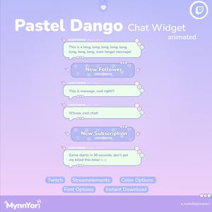 Puede incluir: Un diseño de widget de chat animado en colores pastel con burbujas de texto. El diseño incluye texto como "Nuevo Seguidor" y "Nueva Suscripción", junto con opciones para Twitch, Streamelements y personalización de color. El tema general es un diseño lindo y animado.