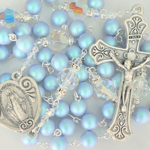 Premium Austrian Blue Iridescent Pearl Rosary | Crucifix and Miraculous Medal Made In Italy | Crystals Made in Austria | Catholic Rosary