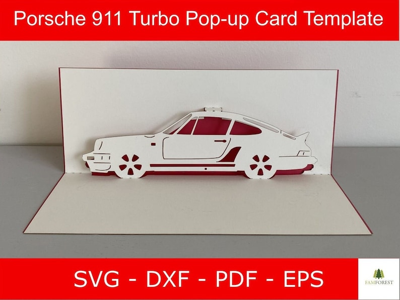 Może przedstawiać: Biały szablon karty wysuwanej z białym samochodem Porsche 911 Turbo. Karta jest złożona, a samoch&oacute;d jest częściowo widoczny. Tekst "SVG - DXF - PDF - EPS" jest nadrukowany na dole karty.