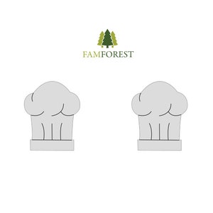 Könnte beinhalten: Zwei weiße Kochmützen mit schwarzen Umrissen vor weißem Hintergrund. Der Text "FAMFOREST" befindet sich über den Mützen.