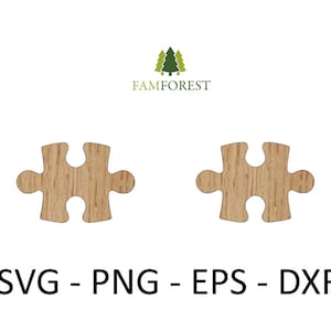 May include: Two wooden puzzle pieces in the shape of a jigsaw puzzle. The pieces are brown and have a wood grain texture. The text "SVG - PNG - EPS - DXF" is below the puzzle pieces.