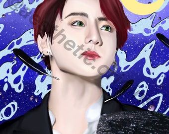 May include: A digital illustration of a man with red hair, green eyes, and a white shirt. He is wearing a black suit jacket and looking upwards. The background is a blue and white abstract design with black feathers and a yellow crescent moon.