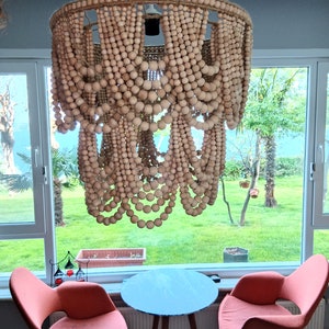 Holzperlen Kronleuchter | 50 cm Natürlicher Kronleuchter mit Holzperle | Perlenleuchter | Boho light | HolzperlenAnhänger hell | Boho Dekor