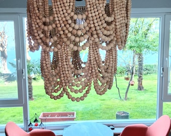 Wooden beaded Chandelier | 50 cm Natural Chandelier with Wooden Bead | Beaded Chandelier | Boho light | Wood bead pendant light | Boho decor