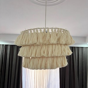 Boho Tassel Chandelier, Handmade Natural Lighting, Rustic Cotton Pendant Light, Vintage Ceiling Light, Macrame Fringe Lampshade