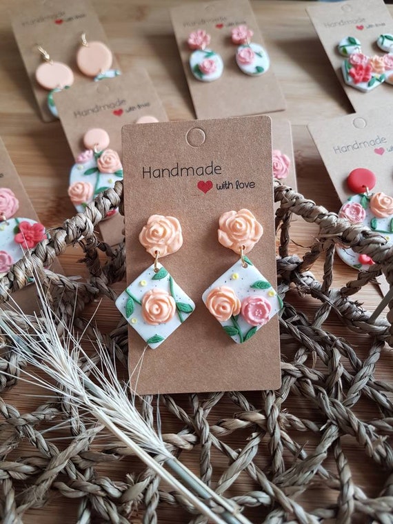 Polymerclay earrings perfect GIFT for her light weight pendant flower pattern handmade