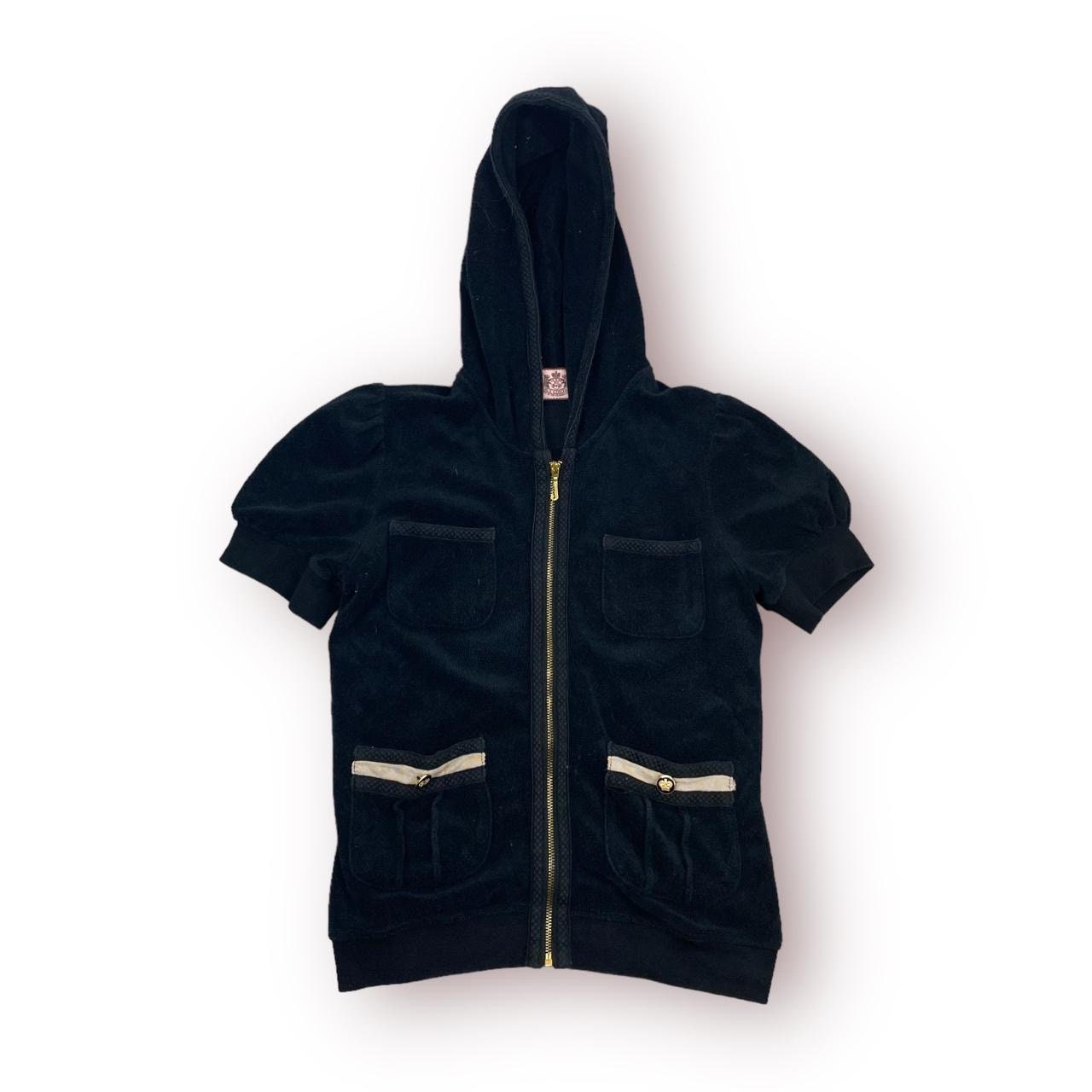 Vintage Juicy Couture Black Terry Cloth Zip up Short Sleeve Hoodie Y2K