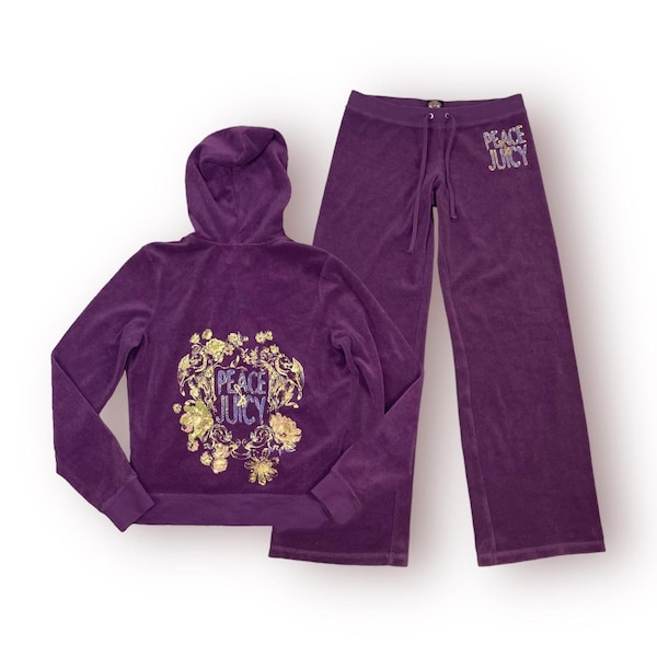 Vintage Juicy Couture Tracksuit Purple Terry Cloth Matching 2 Piece Set “Peace & Juicy” Y2K Early 2000s Size XL/M