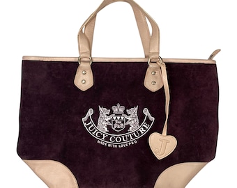Vintage Juicy Couture Brown Velour Leather Large Tote Bag Purse w Charm Y2K Early 2000s FREE SHIPPING