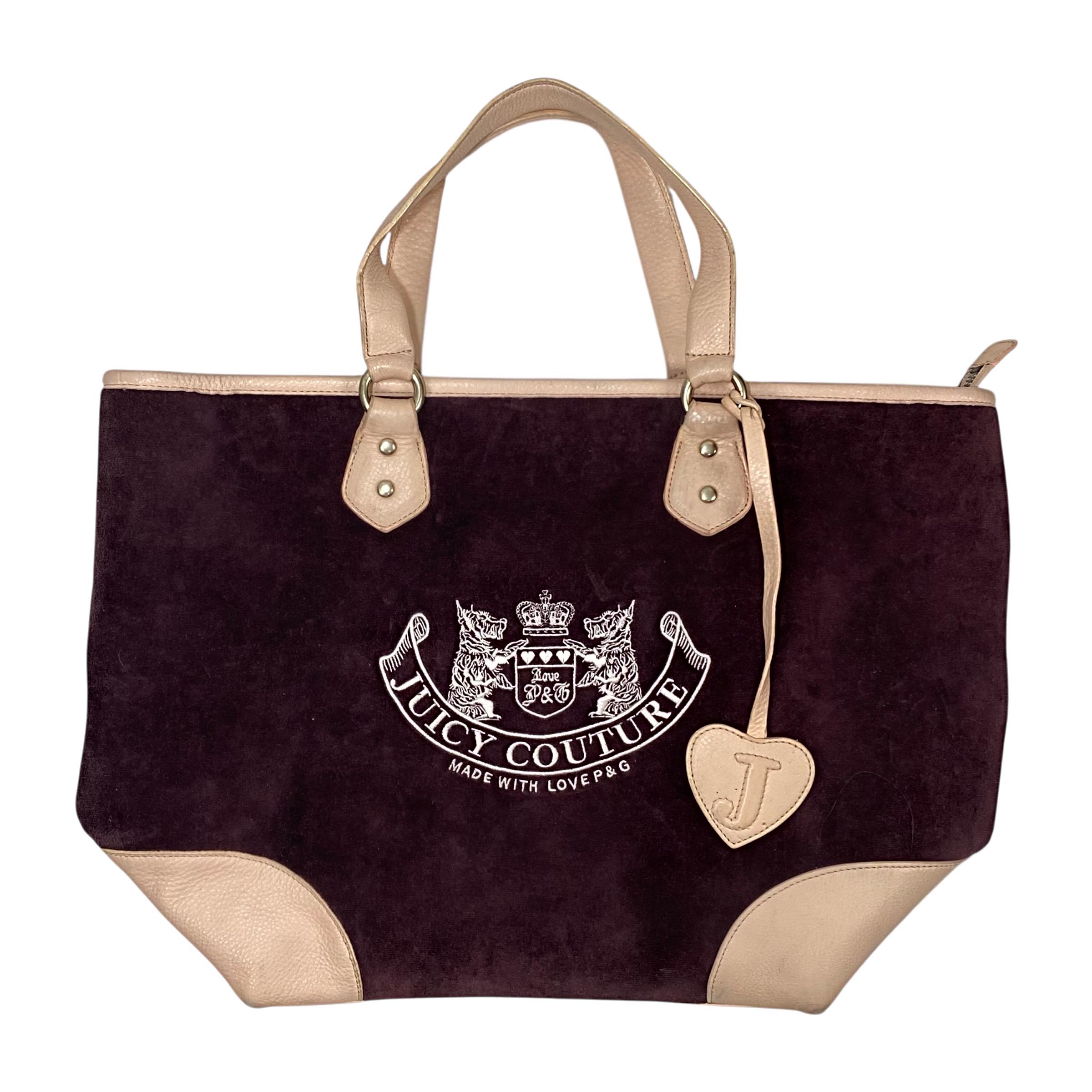 Vintage Juicy Couture Brown Velour Leather Large Tote Bag Purse W 