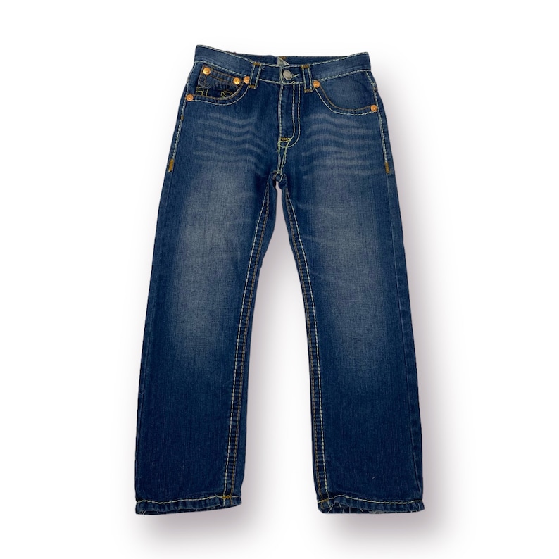 May include: A pair of blue denim jeans with a light wash and stitching detail. The jeans have a classic five-pocket style and a straight leg.