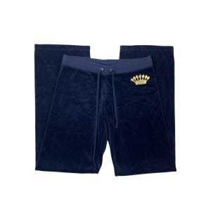 Vintage Juicy Couture Navy Blue Gold Crown Velour Track Pants Y2K Early 2000s Size XS