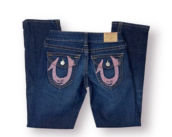Vintage True Religion Jeans Dark Wash Denim Pink Horseshoe Logo Y2K Early 2000s Size 27