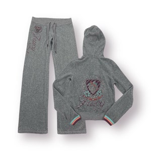 Vintage Juicy Couture Tracksuit Grey Terry Cloth Matching Piece Set  Hoodie Pants Strawberry Design Y2K Early 2000s Size Small/Petite