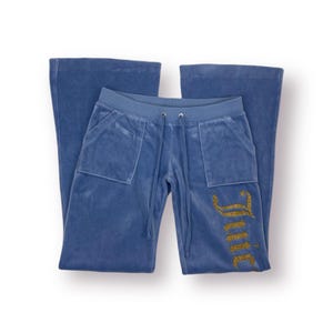 Vintage Juicy Couture Blue Velour Track Pants w Pockets Y2K Early 2000s Size Petite