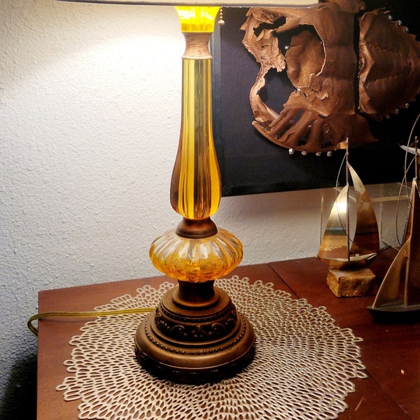 Orange glow lucite and amber glass vintage lamp