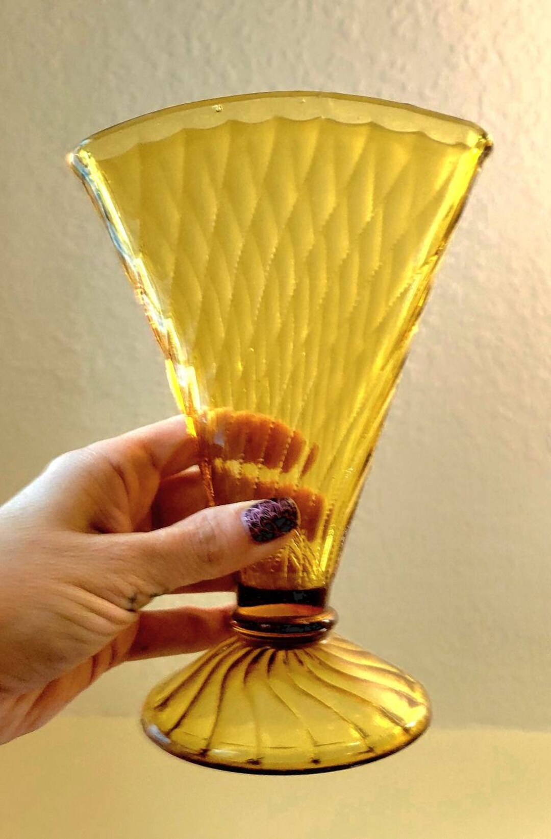 Vintage Quilted Amber Glass Fan Vase Etsy